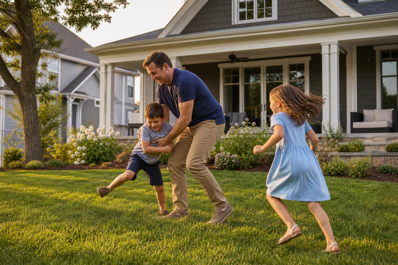 Family playing together in their beautifully landscaped backyard