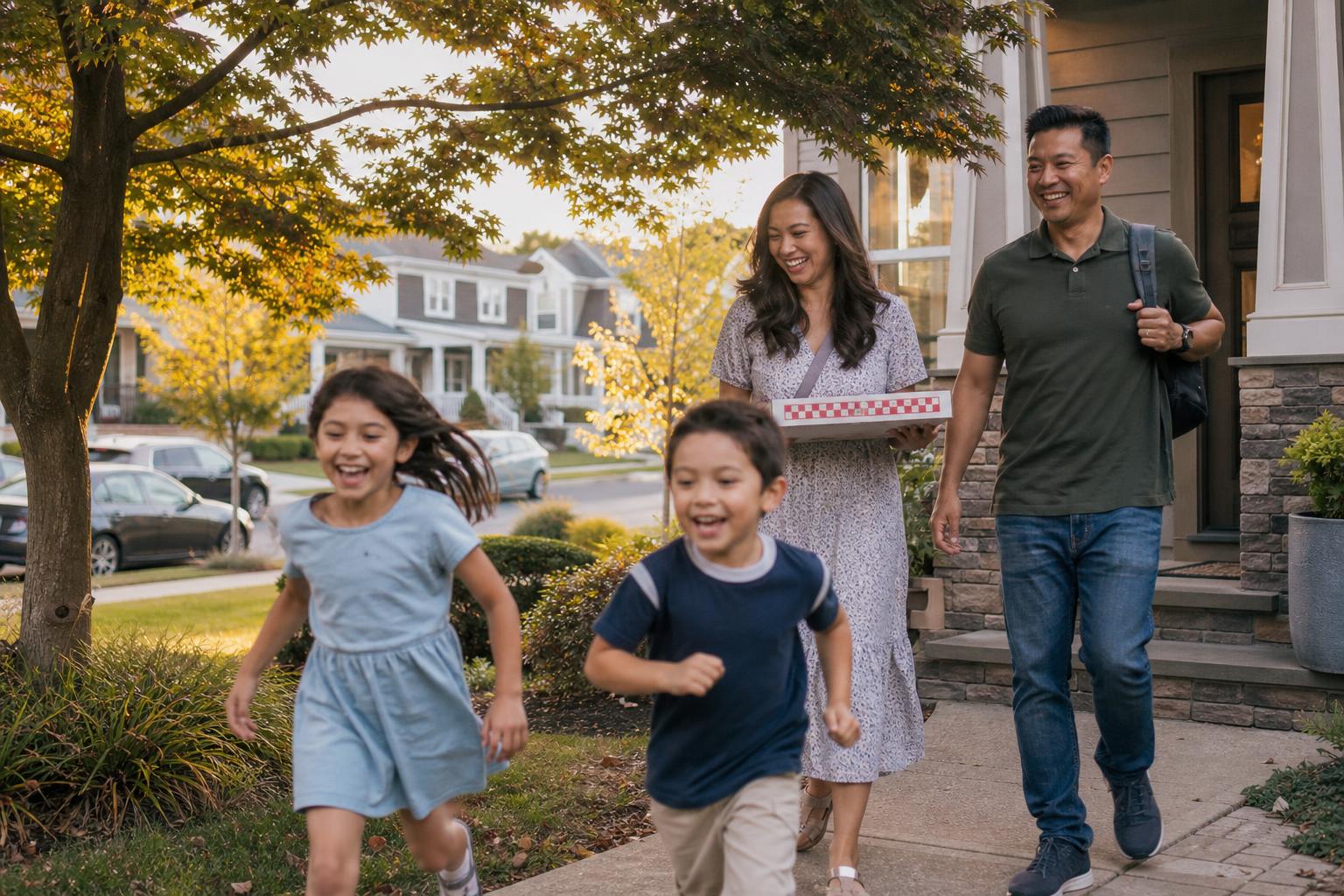 Candid family walking up the front porch of their beautifully improved home